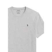 Heather gray Ralph Lauren mens cotton crew sleep top with small navy blue embroidered horse and rider logo on left chest