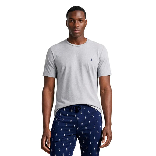 Pyjama Ralph Lauren pour homme, gris émeraude, en coton, manches courtes, col rond. top avec le logo du joueur de polo brodé en bleu marine sur la poitrine gauche