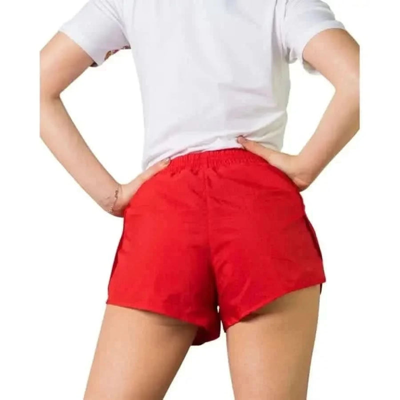 Adidas Women Short: Red athletic shorts paired with a white t-shirt