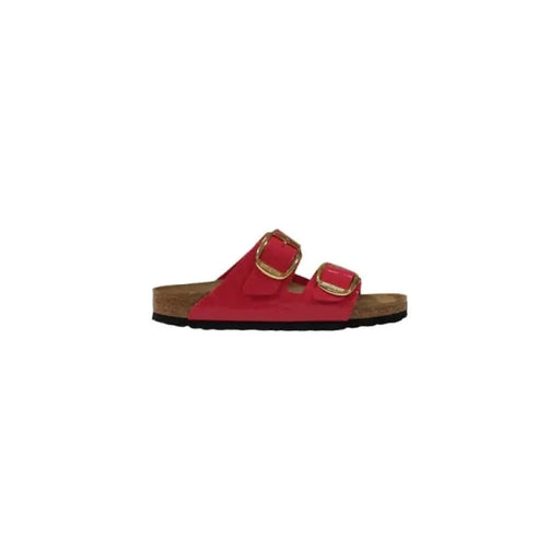 Red double-buckle Birkenstock Women Fuchsia Sandals displayed on a white background