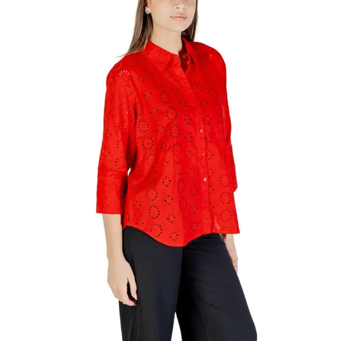 Red eyelet button-down shirt displayed in the product Red Eyelet Button Down Shirt