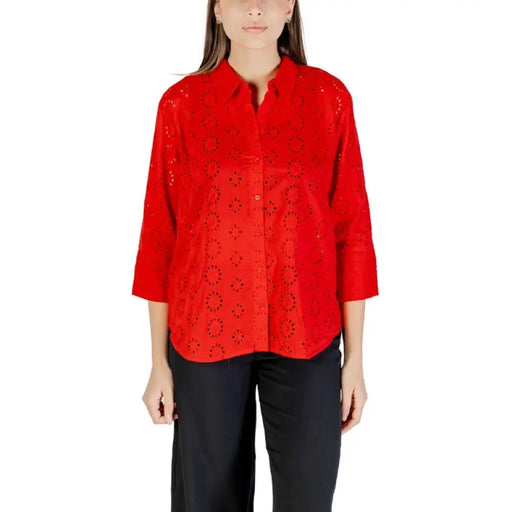 Red eyelet button-down shirt displayed in the product image for Red Eyelet Button Down Shirt