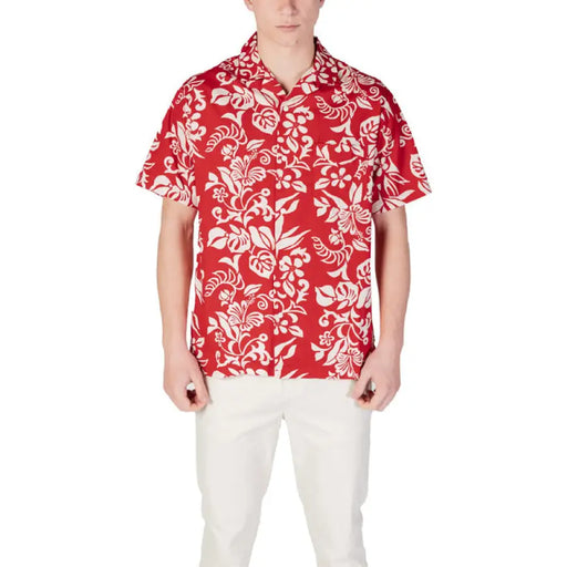 Red floral short-sleeve shirt from Replay for men, featuring a button-up design