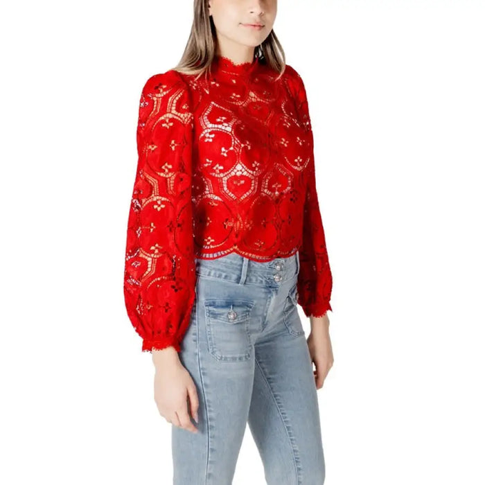 Red lace long-sleeved blouse displayed in the product listing