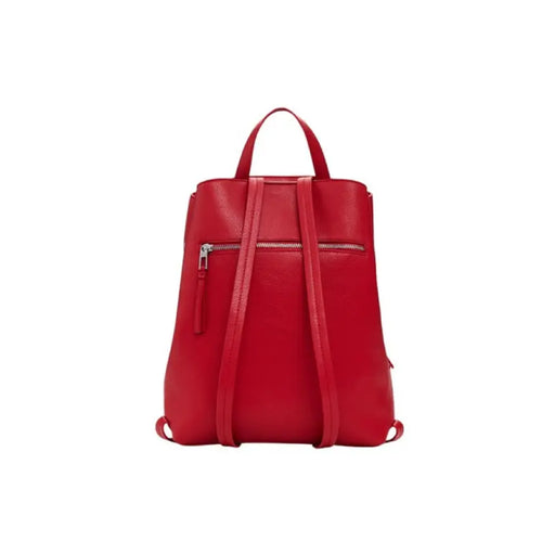 Red faux leather backpack with silver eyelets, stylish and durable accessory