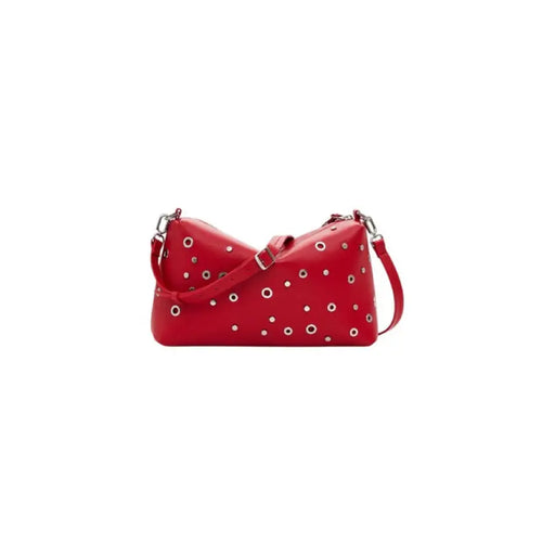 Red leather shoulder bag with silver grommets, stylish accessory for any occasion