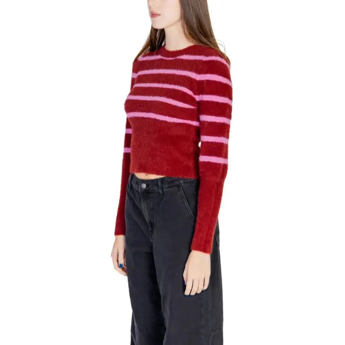 Women’s Red Striped Round Neck Sweater featuring red and pink stripes