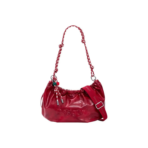 Glossy red polyester desigual shoulder bag with braided rope handle and adjustable strap for versatile use