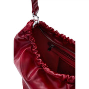 Red polyester bucket handbag by Desigual with glossy leather, ruched top, silver hardware, and shoulder strap