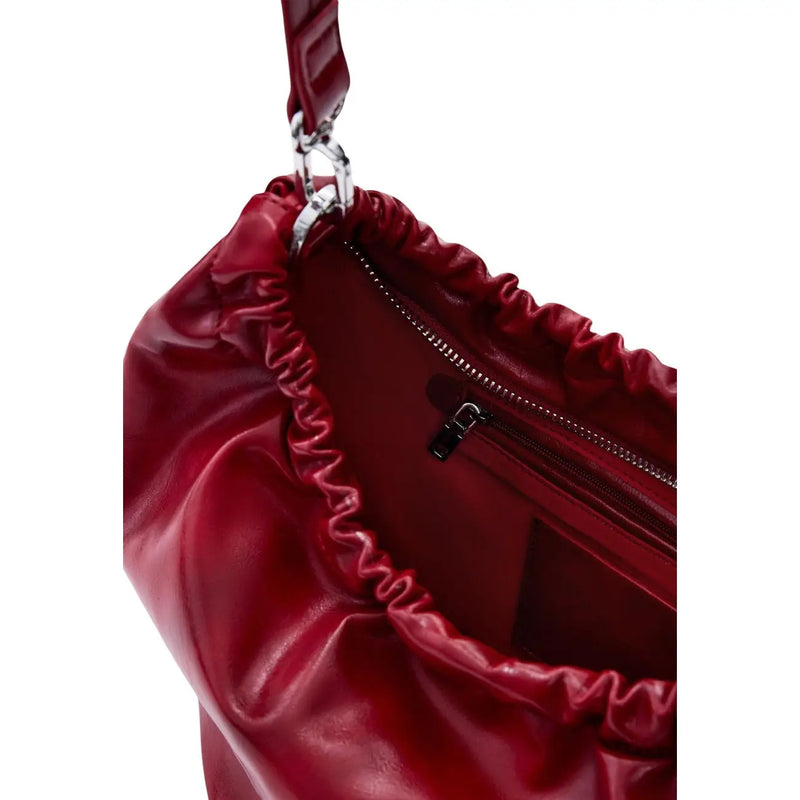 Red polyester bucket handbag by Desigual with glossy leather, ruched top, silver hardware, and shoulder strap