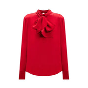 Red long-sleeved silk viscose twinset blouse with pussy-bow and round neck for women