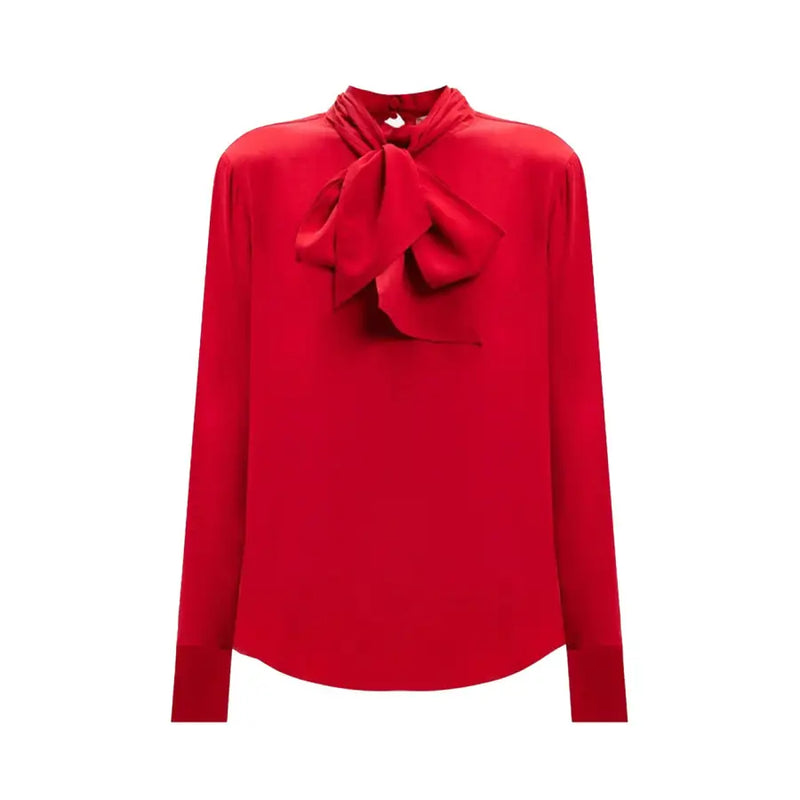 Red long-sleeved silk viscose twinset blouse with pussy-bow and round neck for women