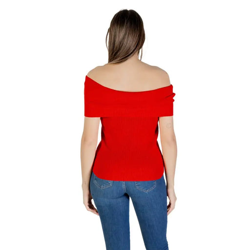 A vibrant red ribbed knit off-the-shoulder cotton blend sleeveless boat neck top for women