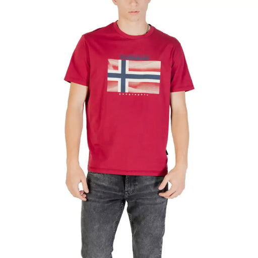Maroon T shirt featuring a Norwegian flag graphic for patriotic and stylish wear