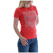 Red T shirt with rhinestone Guess Los Angeles logo design displayed on product webpage