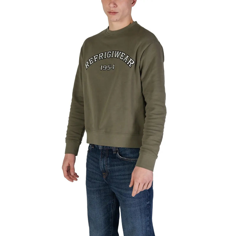 Sweat-shirt à col rond en coton vert olive de la marque Refrigiwear, avec l'inscription « Refrigerwear 1954 » brodée sur la poitrine.