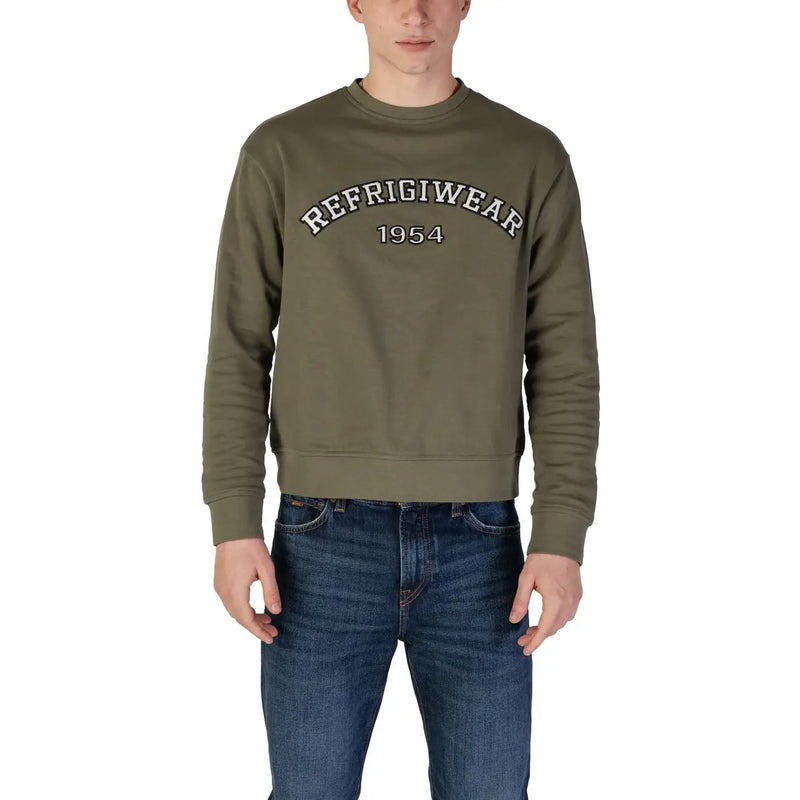 Sweat-shirt à col rond en coton vert olive avec l'inscription « refrigiwear 1954 » brodée en noir et blanc pour un style décontracté