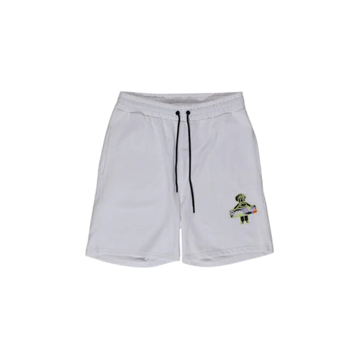 Short Refrigiwear pour homme en coton blanc avec cordons de serrage noirs et écusson brodé coloré sur la jambe gauche (vue de face)
