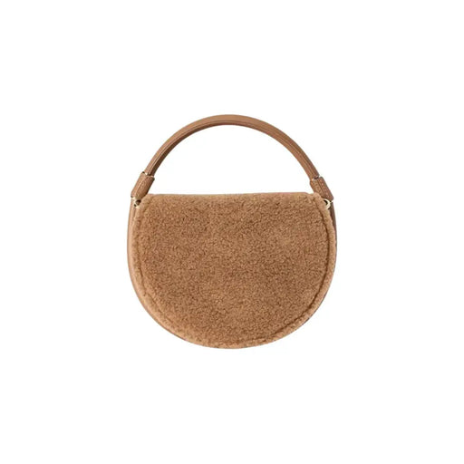 Replay Brown Women Handbag with Automatic Closure featuring a faux fur half-moon design and top handle