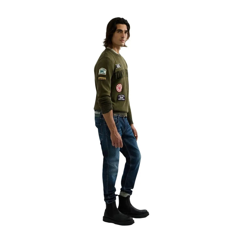 Pull en coton Replay pour homme, vert olive, avec écussons brodés sur les manches et la poitrine, vue de face