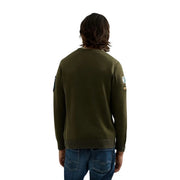 Pull en coton Replay pour homme, vert olive, poignets côtelés et deux poches plaquées sur les manches, vue de face