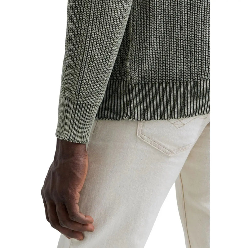 Pull en coton Replay pour femme, vert olive, maille côtelée et ourlet texturé usé, vue de face
