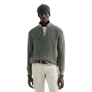 Pull Replay en coton côtelé à col zippé pour homme, vert olive, avec maille texturée et détails de coutures (vue de face)