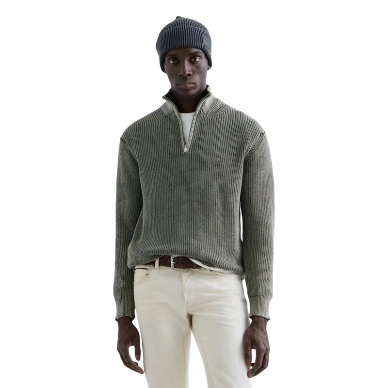 Pull Replay en coton côtelé à col zippé pour homme, vert olive, avec maille texturée et détails de coutures (vue de face)