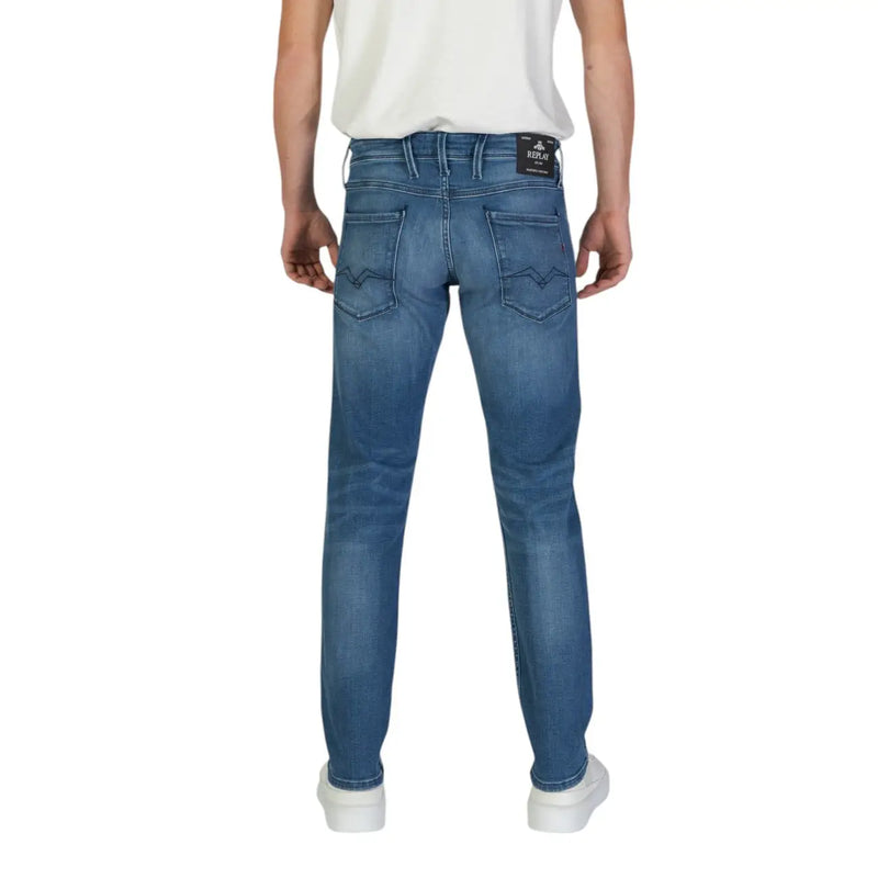 Jean Replay M914 pour homme en denim bleu, coupe slim, étiquette flèche rouge (vue arrière)