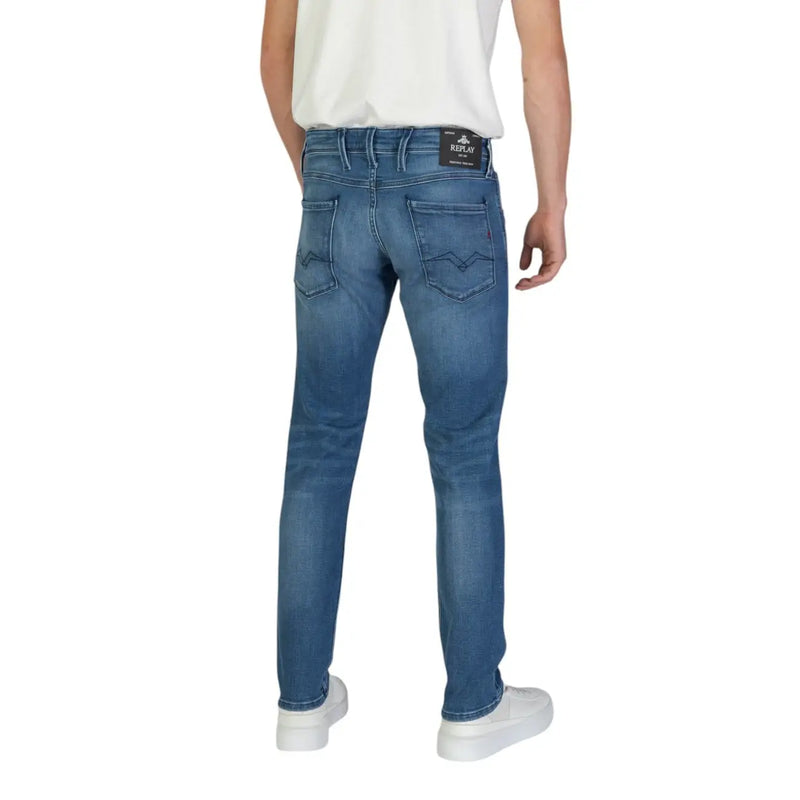 Jean Replay M914 pour homme en denim bleu, coupe slim et délavage subtil, vue de dos