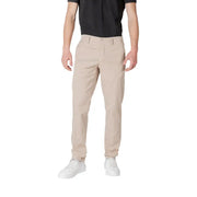 Replay men beige chino trousers with clean tailored fit subtle stitching and zip and button closure
