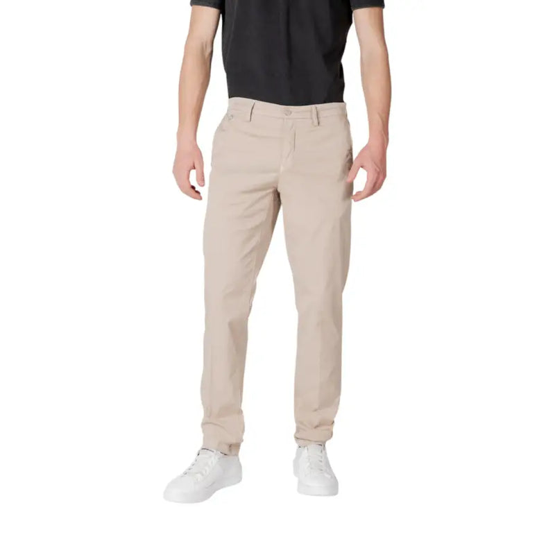 Replay men beige chino trousers with clean tailored fit subtle stitching and zip and button closure