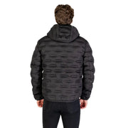 Black quilted down jacket with fur-lined hood and textured pattern.