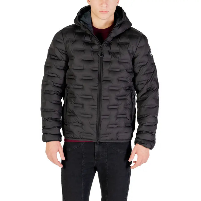Black quilted puffer jacket with hood and zipper, likely made of synthetic material for warmth.