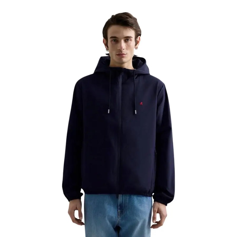 Blazer homme Replay noir à capuche en polyester bleu marine avec cordons de serrage blancs et logo rose discret sur la poitrine
