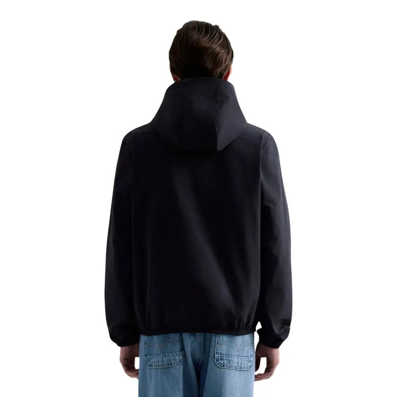 Blazer homme Replay noir à capuche en polyester, au design minimaliste et élégant, avec poignets élastiqués (vue de dos).
