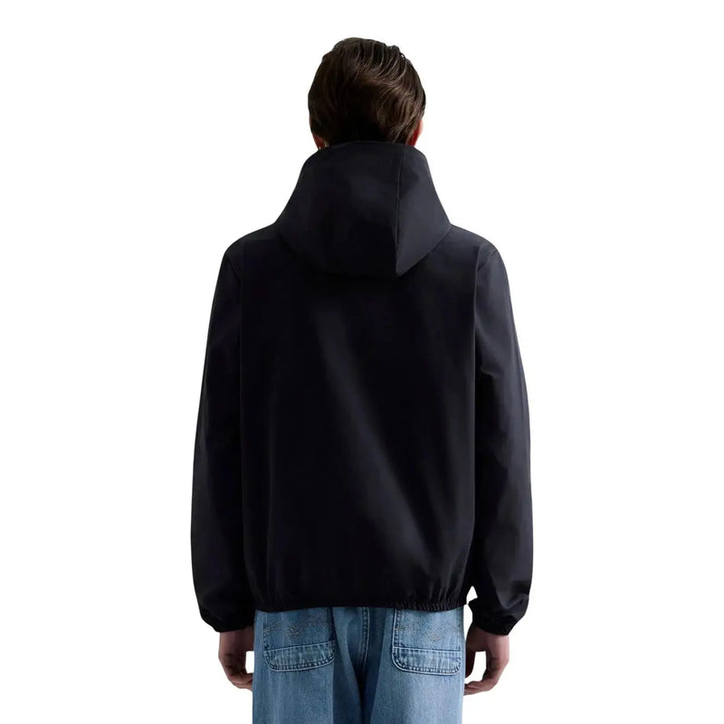 Replay men blazer black hooded polyester jacket with sleek minimalist design and elasticated cuffs shown from the back side