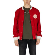 Red tommy hilfiger varsity jacket with white trim and circular logo patch paired with replay men blazer red zip front pockets