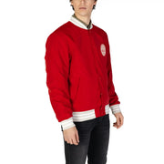 Replay men blazer red varsity jacket with white trim on collar cuffs and waistband classic zip front pockets