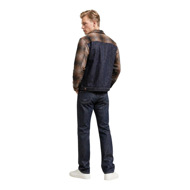 Veste blazer zippée en denim de coton bleu pour homme Replay, confectionnée en denim bleu foncé avec des manches texturées marron contrastantes.