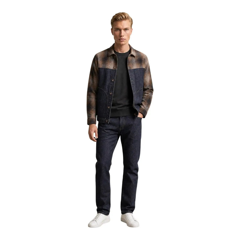 Veste blazer zippée en denim de coton bleu pour homme Replay, avec empiècements usés bicolores bleu foncé et gris brunâtre.