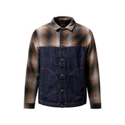 Veste blazer zippée en denim de coton bleu pour homme Replay, avec un design bicolore à carreaux marron et noirs aux épaules et aux manches.