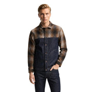 Veste blazer zippée en denim de coton bleu pour homme Replay, présentant un design bicolore indigo foncé et motif moucheté marron et noir.
