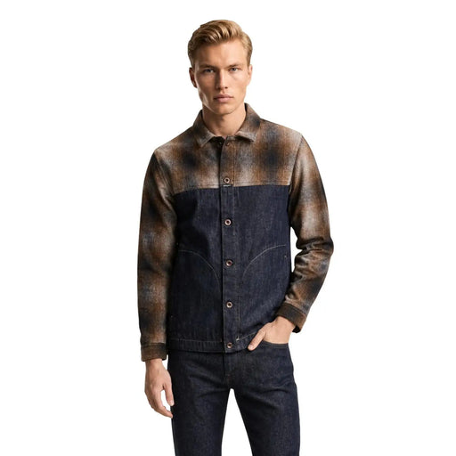 Veste blazer zippée en denim de coton bleu pour homme Replay, présentant un design bicolore indigo foncé et motif moucheté marron et noir.
