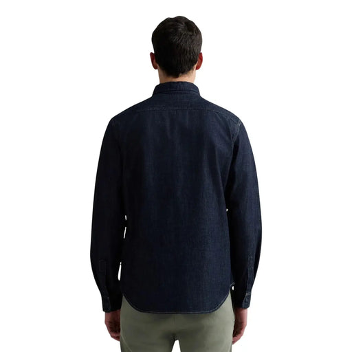 Chemise en denim bleu foncé pour homme Replay, en coton, manches longues, col classique et poignets boutonnés.
