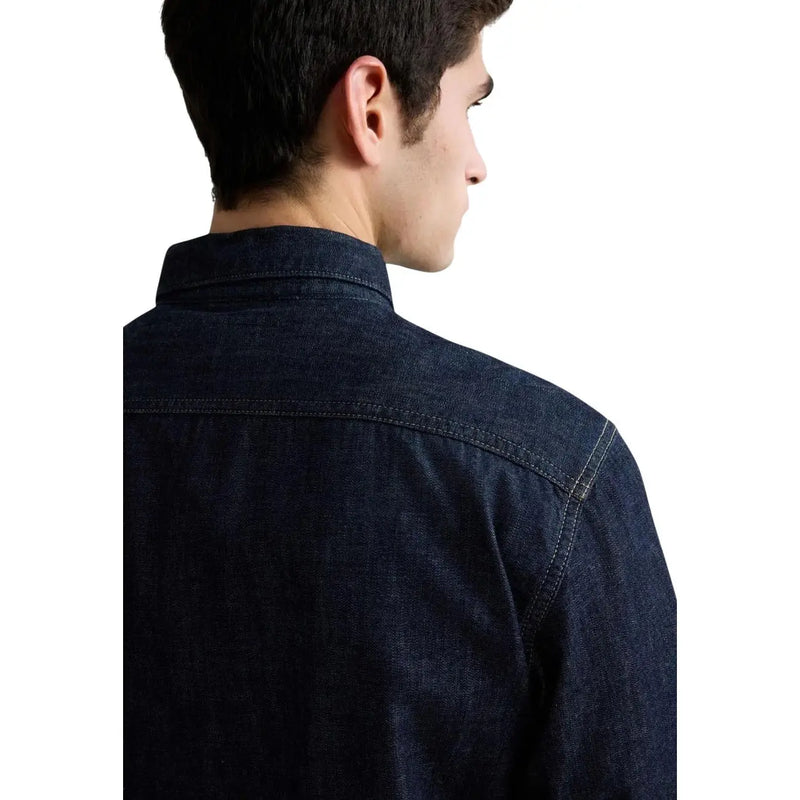 Chemise en denim bleu foncé pour homme Replay, en coton bleu foncé, avec col classique et coutures apparentes, manches longues.