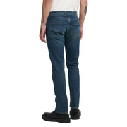 Blue denim jeans with a slim fit and classic five-pocket design.