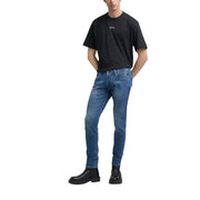 Blue denim jeans with a slim fit and dark wash color.