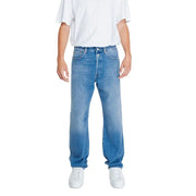 Classic blue denim jeans with a relaxed fit and white stitching.