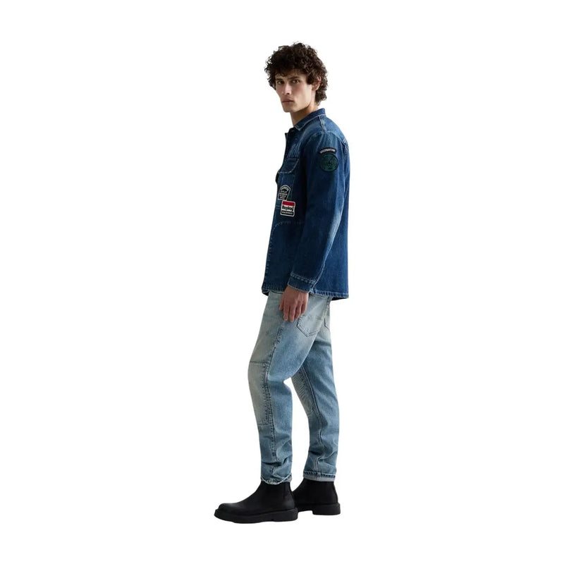 Blazer en denim pour homme Replay, en coton bleu foncé, orné d'écussons sur la poitrine et la manche pour un style classique.